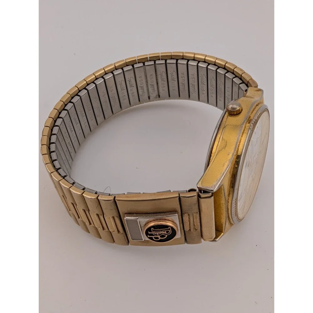 Vintage Rustler Watch Men 34mm Case Gold Stretch Band BPP‎ Monogram- New Battery